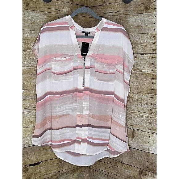 TORRID ARTIST STRIPE GEORGETTE DLOMAN ZIPPER FRONT BLOUSE SIZE 0 L/12 - Picture 3 of 5